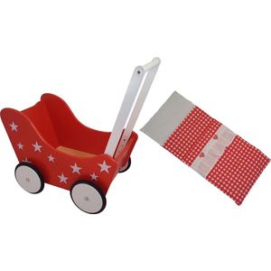 Playwood - Houten Poppenwagen rood met witte sterren - inclusief dekje rode ruitjes
