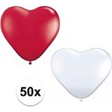50x bruiloft ballonnen wit / rood hartjes versiering 15 cm - huwelijk / valentijn