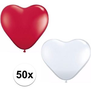 50x bruiloft ballonnen wit / rood hartjes versiering 15 cm - huwelijk / valentijn