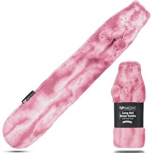 Extra lange warmwaterkruik met luxe fleece overtrek voor nek en schouders - Roze