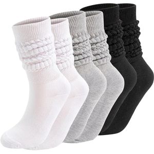 Inovra Plus - Dames kniekousen set van 3 paar, extra lang, katoenen gebreide sokken, herfst winter boot sokken voor vrouwen en meisjes, zwart+wit+grijs.