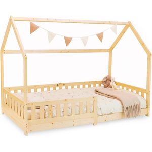 Howtoplay® Montessori Vloerbed met huisje (200 x 90 CM) - Naturel Hout - van de makers van Howtotalk en How2talk2kids - Kinderbed geïnspireerd op Montessori principe - met Uitvalbescherming - Peuterbed - kinderbedden 90 x 200 cm