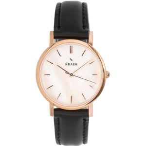 KRAEK Isabel Rosé Goud Wit 32 mm | Dames Horloge | Zwart leren horlogebandje | Minimaal Design | Solis collectie