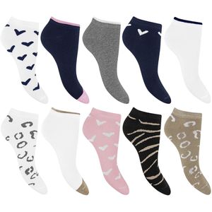 Pierre Cardin Dames Enkelsokken - 10 Paar - Korte Sokken - Lage Sokken - Sneakersokken - Panterprint - Zebraprint - Dierenprint - Hartjes - Maat 35-41