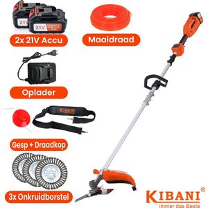Kibani Accu Bosmaaier - 3x onkruidborstel 15CM - Incl. 2x 21V Accu en Oplader - Elektrische Bosmaaier - met Maaidraad, Zaagblad en Draadkop - Grastrimmer - Kantenmaaier