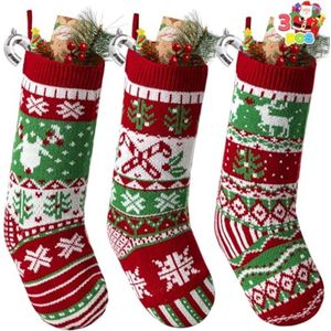 3-Pack 45,7 cm Kerstkousen - Grote Maat Rustieke Kabel Gebreide Kousen in Rood en Groen voor Feestdagen