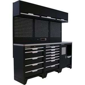 Kraftmeister werkplaatsinrichting - Werkbank met 3 wandkasten en RVS werkblad - Werktafel met 12 laden en gereedschapswand - Complete set voor werkplaats of garage - Zwart