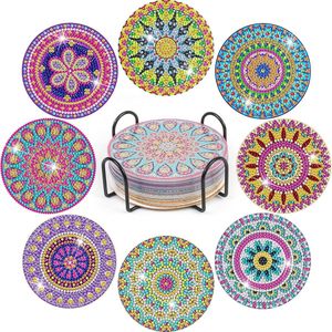 Diamond Painting Coasters, Set of 8 DIY Adults with Holder, 5D Diamond Painting Children's Art Mandala, Candles Round Boho for Glasses, Wine Glasses, Vases