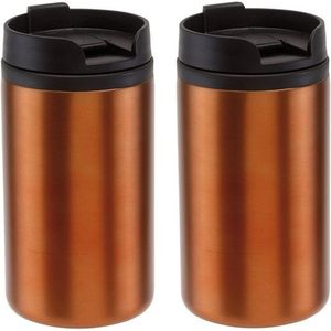 2x Thermosbekers/warmhoudbekers metallic oranje 290 ml - Thermo koffie/thee isoleerbekers dubbelwandig met schroefdop