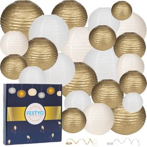 Festyo 24 stuks (!) Lampionnen Set - Chique Goud, Wit & Beige- Feest Versiering- Bruiloft Decoratie - Verjaardagsfeest versiering- Bruiloft Versiering