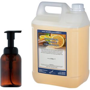 Zeepdispenser 300 ml amber bruin hervulbaar + 5 liter Showergel Sweet Orange & Cedarwood navulling