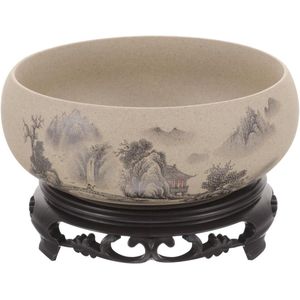 Allecto Plus - Grote Keramische Succulent Potten Met Presentatiestandaard - Oosters Chinees Tekenpatroon - Design Bloemenvaas - Goudvis Glas Planter - Ronde Bonsai Kom Van Porselein