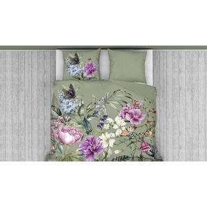 Snoozing Flowering - Flanel - Dekbedovertrek - Eenpersoons - 140x200/220 cm - Groen