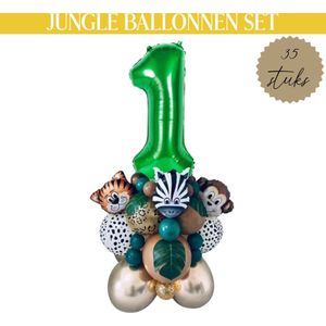 Jungle Feestversiering - Kinderverjaardag - Verjaardag Versiering - Themafeest Jungle / Safari / Dieren / Dierentuin - Verjaardag Versiering Jongen / Meisje - 35 stuks - Leeftijdballon 1 Jaar - Folieballon / Heliumballon - Kinderfeestje Versiering