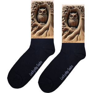 Zandkasteel - Uil - Print sokken - Leuke sokken - Verjaardag - Moederdag - Vaderdag - Valentijn - Sokken Voor hem - Sokken Voor haar - Kerst sokken - Grappige sokken - Vrolijke sokken - Sokken waar je vrolijk van wordt - Maat 37-44