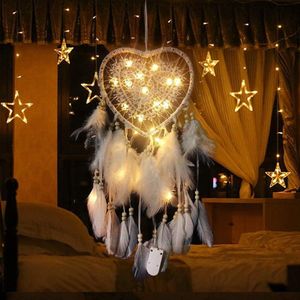 Hartvormige dromenvanger bohemien-stijl handgemaakt ledlicht wandtapijt romantische decoratie - wit met lichtjes - sfeervolle verlichting - slaapkamerdecoratie .