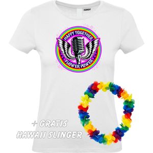 Dames T-shirt Happy Together Flower Power | Love for all | Gay Pride | Regenboog LHBTI | Wit dames | maat M
