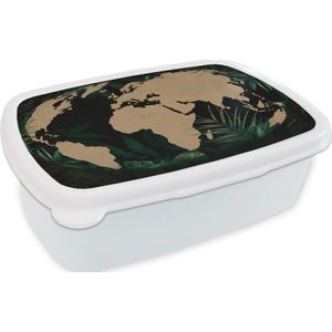 Broodtrommel Wit - Lunchbox - Brooddoos - Wereldkaart - Wereldbol - Planten - 18x12x6 cm - Volwassenen