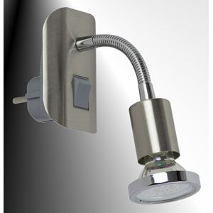 Trango Stekkerlamp in RVS look met chromen ring 11-052 *FLEXI* stekkerlampje, nachtlampje incl. 1x GU10 3000K warm witte LED lamp & AAN/UIT schakelaar leeslamp, wandlamp, keukenlamp