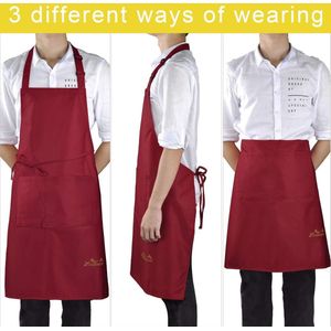 schort, 2-pack waterdichte Schorten keukenschort met zakken, verstelbare keukenschort, BBQ-schort, slabbetje, keukenschort (1x rode schort + 1 x keukendoek)