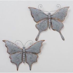 Vlinders - Wand decoratie - 2 set - Metaal - 41x37x2.5cm - Grijs