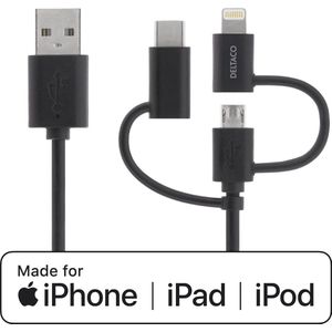 DELTACO IPLH-155 - USB naar USB-C kabel - Micro-USB - Lightning - Geschikt voor Apple - MFi - 1m – Zwart
