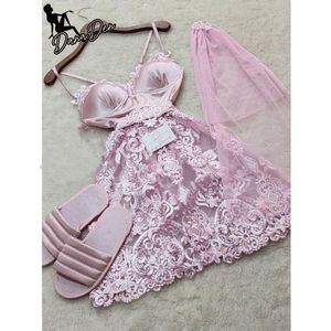 Dames babydoll satijn kant - Pink