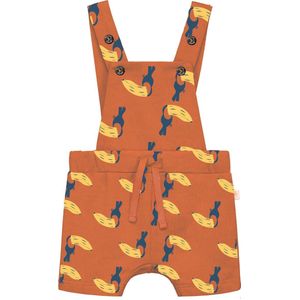 Smitten Organic Tuinbroek Ginger Spice kleur met all-over toucan-banaanprint