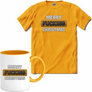 Merry f*cking christmas - T-Shirt met mok - Meisjes - Geel - Maat 12 jaar