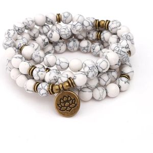 108 Kralen Witte Howliet Lotus Mala Armband / Ketting  -  Vrouwen / Mannen - 8mm Steen - boeddhisme - Boeddha - Yoga - Meditatie - Buddha - Kralenketting - Rozenkrans - Ohm  - Natuurlijke edelsteen Wit