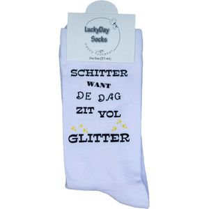 Schitter de dag zit vol glitter - Verjaardags cadeau - Lekker genieten -Verliefd - Hou van je - vrolijke sokken - valentijns - grappige sokken - Leuke sokken- Tekst sokken - Witte sokken - Goedkope kado - leuke dames en heren sokken - moederdag - vad