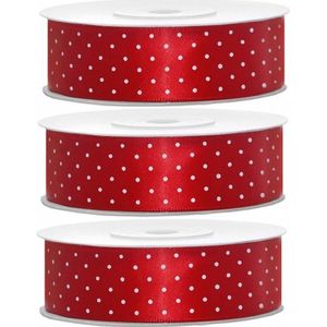 3x Hobby/decoratie rode satijnen sierlinten met stippen 2,5 cm/25 mm x 25 meter - Cadeaulinten satijnlinten/ribbons - Rode linten met stippen - Hobbymateriaal benodigdheden - Verpakkingsmaterialen