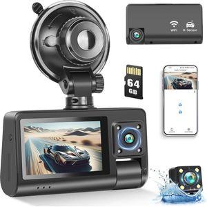1080p Dashcam met 3 lenzen, 5 inch scherm, Wifi, Nachtzicht en Parkeerbewaking