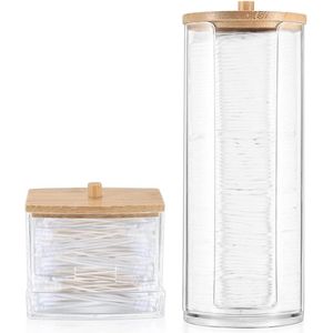 Bamboe Make-up Opslagcontainer - Hoogwaardige Katoenen Wattenstaafjes Dispenser - 1 stuk - Duurzaam PP en Bamboe