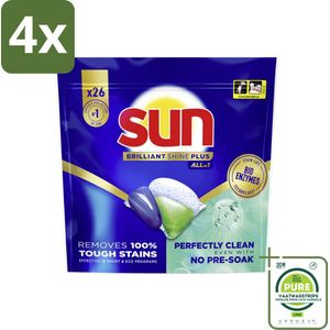 Sun – Vaatwascapsules – Brilliant Shine+ All-in-1 - 26 capsules - Voordeelverpakking - 4 stuks - Vaatwasmiddel - Vaatwascapsules