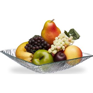Relaxdays glazen serveerschaal - vierkante saladeschaal - lage fruitschaal - deco schaal