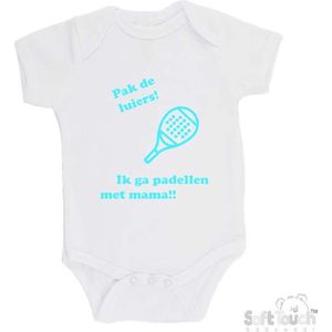 100% katoenen Romper ""Pak de luiers! Ik ga padellen met mama!!"" Padel Unisex Katoen Wit/aquablauw Maat 68/74