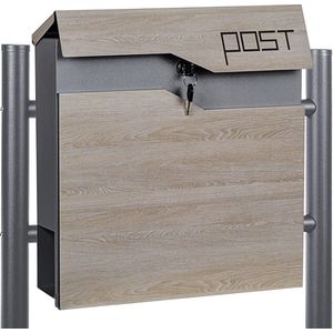 White-label® Brievenbus op Paal - Pakketbrievenbus - Wandbrievenbus - 37x10cm - Bruin met Zilver