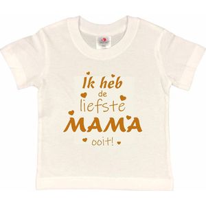 T-shirt Kinderen ""Ik heb de liefste mama ooit!"" Moederdag | korte mouw | Wit/tan | maat 110/116 (XS)