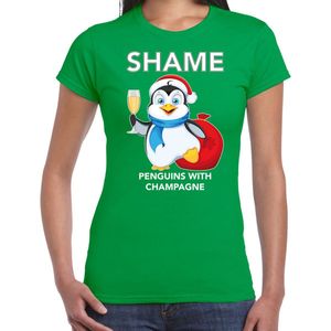Pinguin Kerstshirt / Kerst t-shirt Shame penguins with champagne groen voor dames - Kerstkleding / Christmas outfit L