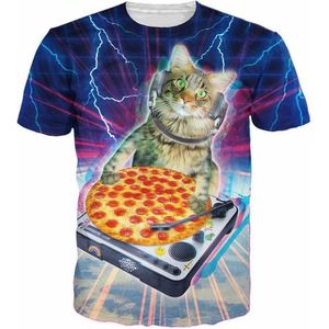 Pizza DJ Kat Festival shirt - Maat: S - V-hals - Feestkleding - Festival Outfit - Fout Feest - T-shirt voor festivals - Rave party kleding - Rave outfit - Kattenshirt - Nineties