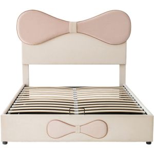 Hydraulisch gestoffeerd bed 140x200cm, tweepersoonsbed, verstelbaar hoofdeinde, gestoffeerd hoofdeinde met vlinderstrik, bed met metalen lattenbodem, modern bedframe met opbergruimte, fluweel, beige+roze
