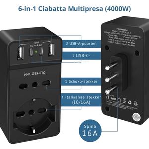 4-Voudige Stekkerdoos Met 3 USB-A Poorten En 1 USB-C Poort