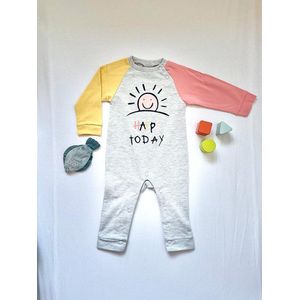 Baby Rompertje - Sunny Happy Today - Geel Grijs Roze - 0-3 Maanden - %100 Katoen - Unisex - Lange mouw Romper - Babycadeau - Kerstcadeau