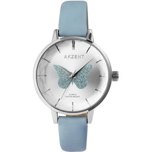 Akzent-Dames horloge-Analoog-Rond-38MM-Zilverkleurig-Blauw lederen band.