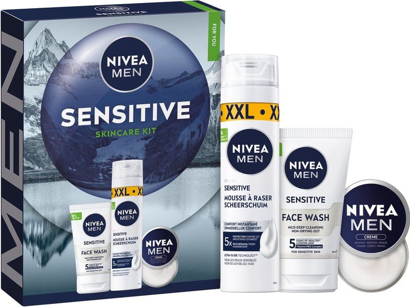 NIVEA MEN Sensitive Skincare Kit - Geschenkset - Met Scheerschuim, Gezichtsreiniger en Crème