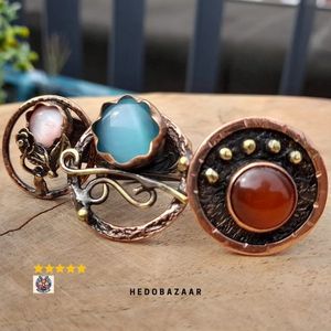 Ring Set van 3 met Robijnrode Agaatsteen en Roze Kwarts Kattenoog in Viking-stijl