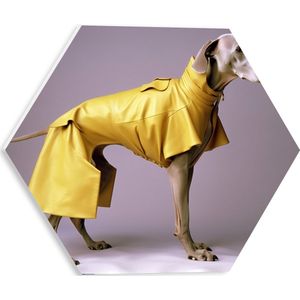 PVC Schuimplaat Hexagon - Zijaanzicht van Duitse Dog Hond in Gele Regenjas - 30x26.1 cm Foto op Hexagon (Met Ophangsysteem)