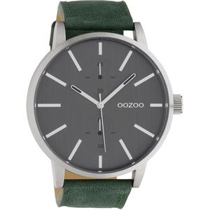 OOZOO Timepieces - Zilveren horloge met groene leren band - C10500 - Ø50