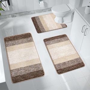 3-delige zachte hoogpolige badmatset voor de badkamer - machinewasbaar en antislip - koffiekleur